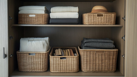A detailed view of an open wardrobe with accessories neatly organized in baskets, demonstrating the importance of maximizing space and keeping items easy to findの素材
