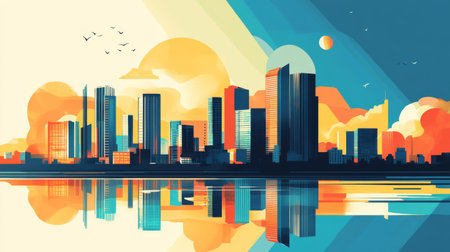 A dynamic illustration of a city skyline created in a graphic style, emphasizing creativity and urban design with bold colors and shapes.の素材