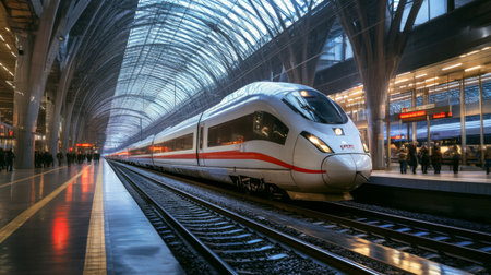 A dynamic shot of a high-speed train arriving at a modern station, with passengers waiting eagerly to board, highlighting the excitement of travel.の素材