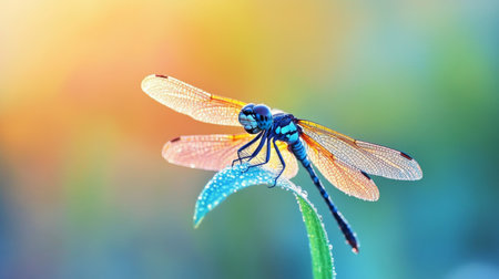 A dragonfly perched delicately on the tip of a dew-covered leaf, its iridescent wings catching the morning light, creating a peaceful and natural sceneの素材