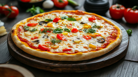 A delicious, freshly baked pizza with a golden crust, topped with vibrant vegetables and melted cheese, placed on a rustic wooden table, inviting viewers to indulge in a slice.の素材