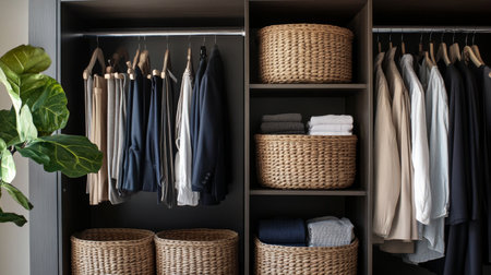 A detailed view of an open wardrobe with accessories neatly organized in baskets, demonstrating the importance of maximizing space and keeping items easy to findの素材
