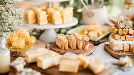 A festive dessert table featuring an array of honey toast variations, decorated for a celebration, highlighting the versatility and appeal of this sweet dish.の素材