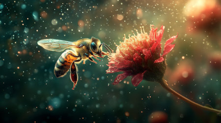 A dynamic shot of a bee landing on a flower covered in dew, showcasing the interaction between wildlife and plant life in a natural setting.の素材