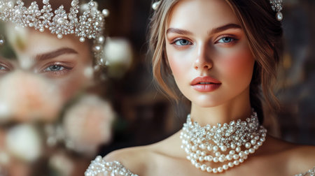 A glamorous photo shoot featuring a model adorned with an exquisite pearl tiara and necklace, set against a luxurious backdrop, highlighting high fashion and elegance.の素材