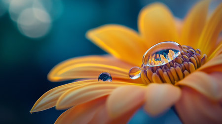 A macro image of a single flower with a water droplet perched delicately on its tip, showcasing the intricate details and natural beauty of the bloom.の素材