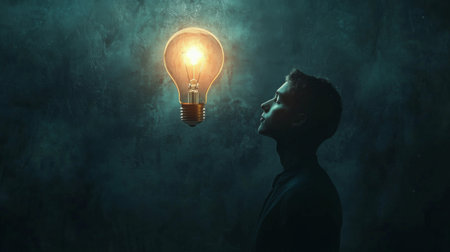 A glowing light bulb hovering above a person's head in a dark room, symbolizing the moment of inspiration and the birth of a new idea, with a focused, pensive expression.の素材