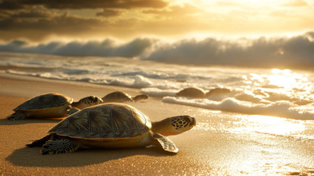 A group of sea turtles resting on a tropical beach, their shells glistening in the sunlight, with waves gently crashing on the shore in the background.の素材