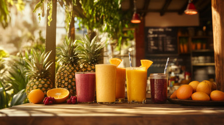 A lively outdoor scene featuring a table adorned with various fruit smoothies, including orange, pineapple, and berry blends, inviting guests to enjoy a fruity refreshment.の素材