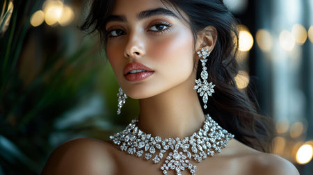 A glamorous photo shoot featuring a model adorned with a diamond necklace and matching earrings, set against a luxurious backdrop, highlighting fashion and elegance.の素材