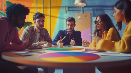 A group of diverse professionals gathered around a table, studying a printed 3D pie chart with animated graphics, capturing the importance of data-driven discussions in finance.の素材