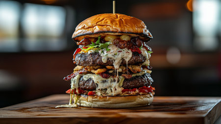 A gourmet burger stacked high with fresh ingredients and topped with a drizzle of specialty sauce, served on a wooden board, showcasing the artistry of food presentation.の素材