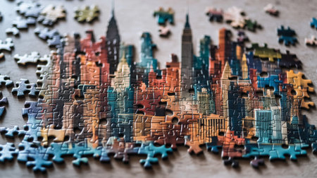 A nearly completed jigsaw puzzle depicting a city skyline, with the last few pieces waiting to be placed, symbolizing progress, creativity, and achievement.の素材