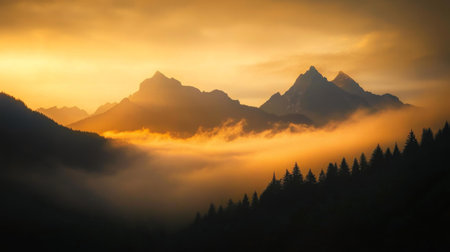 A majestic mountain range silhouetted against the soft golden hues of a sunrise, with low-hanging clouds drifting between the peaks and valleys. Serene and awe-inspiring.の素材