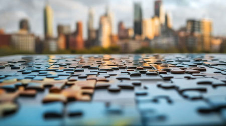 A nearly completed jigsaw puzzle depicting a city skyline, with the last few pieces waiting to be placed, symbolizing progress, creativity, and achievement.の素材