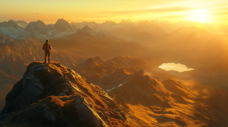 A lone hiker standing on a mountain peak, overlooking a vast range of mountains, as the sun rises over the horizon, casting a golden glow across the landscape.の素材