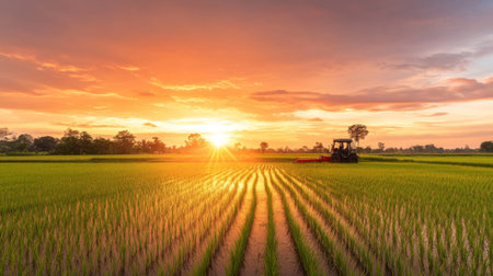 A panoramic view of a rice field at sunset, with a rice harvester in the distance, its silhouette highlighted against the orange and pink hues of the sky.の素材