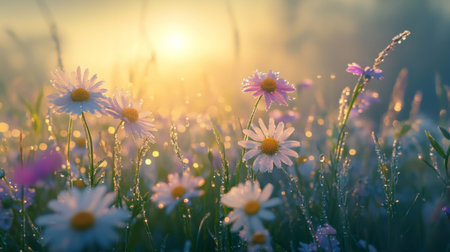 A picturesque arrangement of wildflowers with sparkling dew in a field, highlighting the enchanting beauty of nature and the freshness of early morningの素材