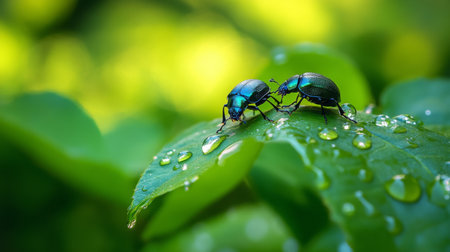 A pair of beetles on a dew-drenched leaf, their shiny bodies reflecting the morning light, surrounded by lush greenery, creating a natural and dynamic scene.の素材