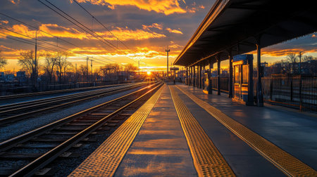 A panoramic view of an empty train platform at sunset, with golden light reflecting on the rails, symbolizing the peaceful end of a day journey.の素材