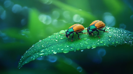 A pair of beetles on a dew-drenched leaf, their shiny bodies reflecting the morning light, surrounded by lush greenery, creating a natural and dynamic scene.の素材