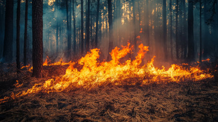 A powerful image of a controlled burn in a forest, showcasing the flames consuming dry brush, illustrating the balance of nature and the importance of fire management.の素材