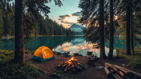 A picturesque campsite nestled among tall pine trees, featuring a colorful tent, a campfire surrounded by logs, and a serene lake reflecting the evening sky.の素材