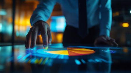 A professional analyzing a 3D pie chart in a darkened room with soft lighting, with reflections on the screen creating a dramatic effect, emphasizing focus and attention to detail.の素材