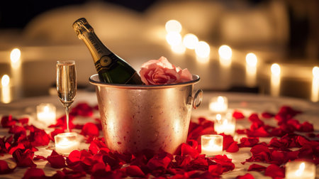 A romantic setting for two with a bottle of champagne chilling in an ice bucket, surrounded by rose petals and soft lighting, perfect for anniversaries or special dates.の素材