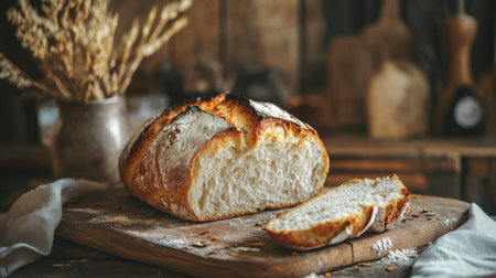 A rustic wooden table featuring a freshly baked loaf of bread with a golden crust, sliced to reveal soft, fluffy interior, emphasizing the warmth of homemade baking.の素材