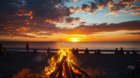 A serene beach sunset with a bonfire in the foreground, where people are gathered around the flames, enjoying the warmth and ambiance of a summer evening.の素材