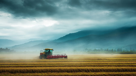 A rice harvester operating under cloudy skies, with the bright colors of the machine standing out against the muted tones of the landscape, capturing the rugged beauty of the harvest season.の素材