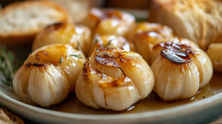 A close-up of roasted garlic cloves caramelized to golden perfection, served on a plate with fresh bread, showcasing a delicious appetizer.の素材