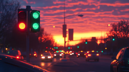 A sunset scene featuring a traffic light changing from red to green, casting colorful reflections on nearby vehicles and highlighting the transition of the day.の素材