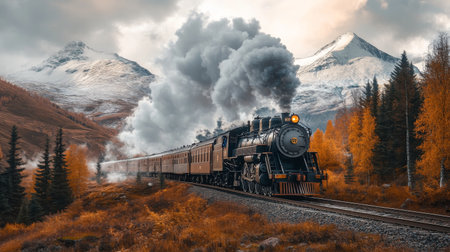 A vintage steam locomotive chugging along the tracks surrounded by scenic mountains, evoking nostalgia for the golden age of rail travel.の素材