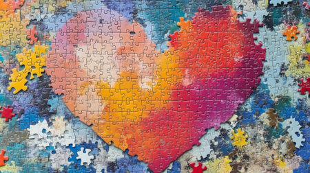 A colorful jigsaw puzzle with missing center pieces in the shape of a heart, symbolizing love, connection, and the idea of finding the missing piece to complete something meaningful.の素材
