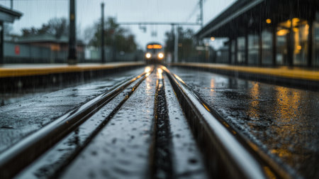 A close-up of train tracks glistening in the rain at a station, with a train approaching in the background, capturing the moody atmosphere of a rainy day.の素材