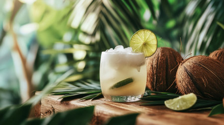 A creative arrangement of coconuts and tropical leaves on a wooden table, with a glass of coconut water and a slice of lime, showcasing an inviting tropical drink setupの素材