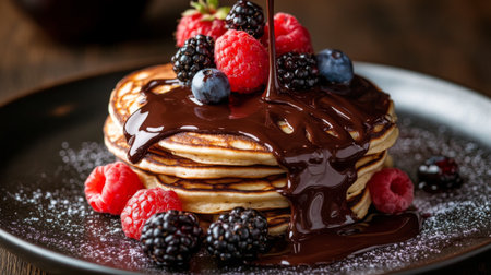 A close-up of chocolate drizzling over a stack of pancakes, garnished with fresh berries, emphasizing the delightful combination of flavors for a sweet breakfast.の素材