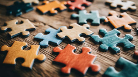 A close-up of various jigsaw puzzle pieces in different shapes and colors spread across a wooden table, ready to be assembled, creating a sense of challenge and fun.の素材