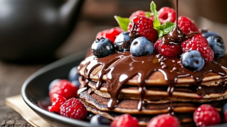 A close-up of chocolate drizzling over a stack of pancakes, garnished with fresh berries, emphasizing the delightful combination of flavors for a sweet breakfast.の素材