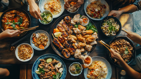 A cozy family gathering with a platter of grilled chicken and bowls of Som Tum on the table, symbolizing warmth and togetherness in enjoying traditional Thai cuisineの素材