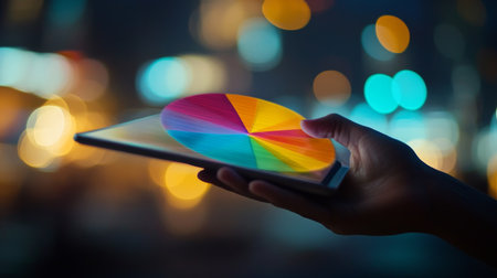 A hand holding a tablet displaying a colorful 3D pie chart, with a blurred cityscape in the background, representing the integration of technology and finance in modern decision-making.の素材