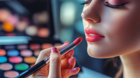 A makeup artist skillfully applying lipstick to a client in a modern beauty salon, with colorful palettes and brushes in the background, illustrating professional makeup artistry.の素材