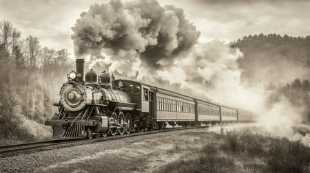A nostalgic black-and-white image of an old steam train chugging along the tracks, surrounded by vintage scenery, bringing to life the history of rail travel.の素材