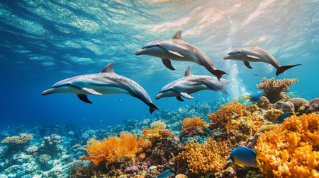 A pod of dolphins swimming together in harmony, creating a stunning underwater scene with vibrant coral reefs and schools of fish, illustrating the rich biodiversity of ocean life.の素材