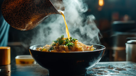 A dynamic shot of a server pouring hot tom yum goong into a bowl, capturing the steam rising and the excitement of enjoying a flavorful, spicy dish at a restaurant.の素材