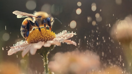 A dynamic shot of a bee landing on a flower covered in dew, showcasing the interaction between wildlife and plant life in a natural setting.の素材