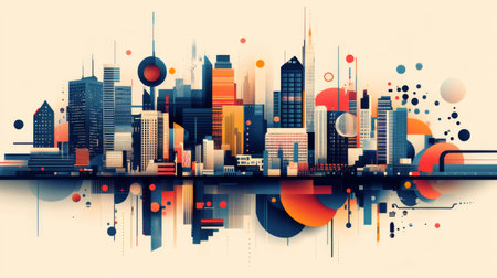 A dynamic illustration of a city skyline created in a graphic style, emphasizing creativity and urban design with bold colors and shapes.の素材