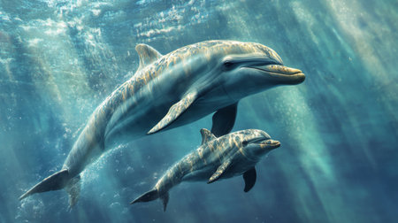 A heartwarming scene of a mother dolphin swimming alongside her calf, showcasing the nurturing side of these intelligent animals in their natural environment.の素材
